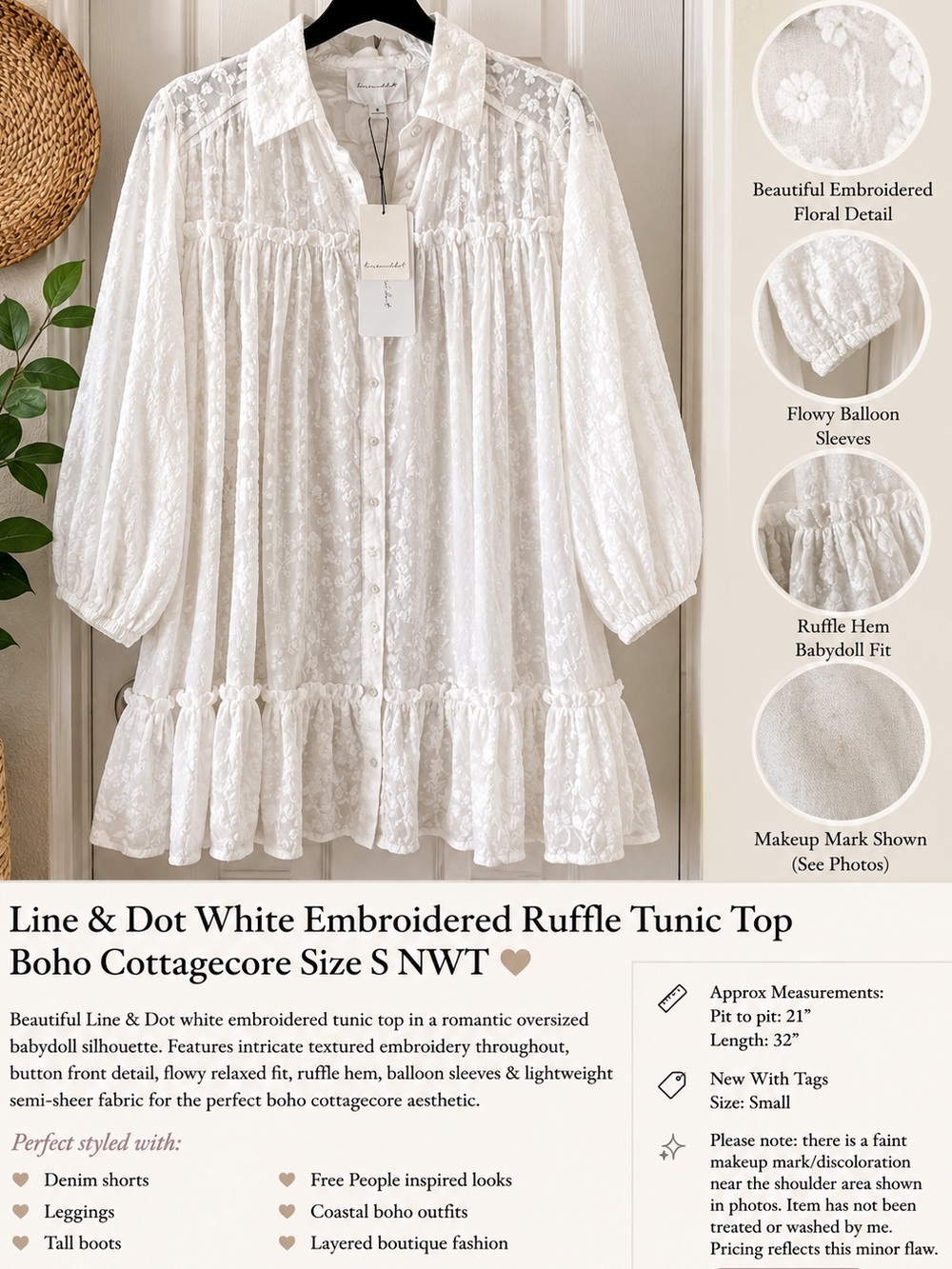 NWT Line & Dot White Embroidered Babydoll Tunic Boho Cottagecore Top S